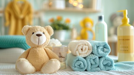Cute teddy bear with soft towels in a cozy bathroom setting.