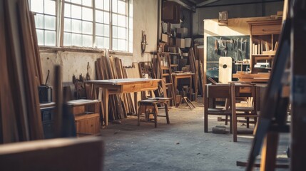 A serene woodworking workshop with hand tools and rustic furniture, Artisan woodworking craftsmanship style, photo of