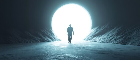 A figure stands alone, silhouetted against a bright, glowing light at the end of a dark tunnel, evoking themes of hope and transformation.