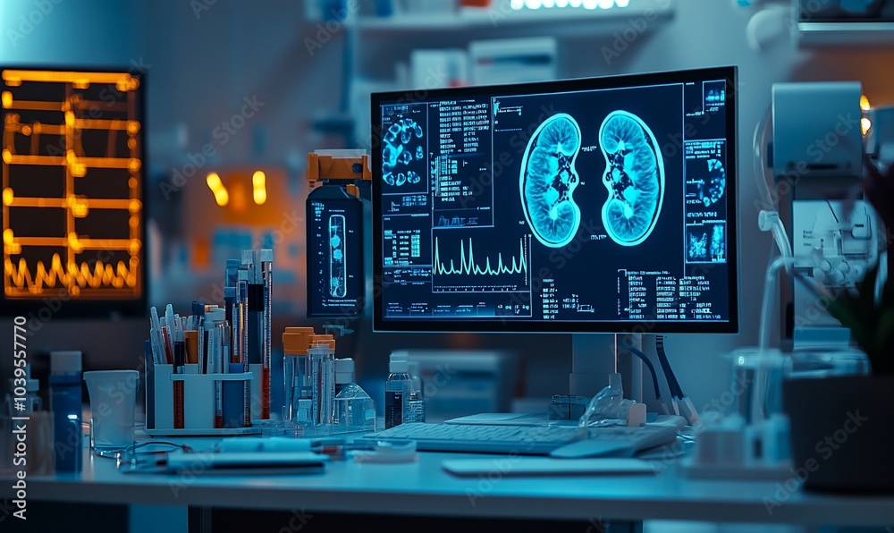 Poster a medical research lab with a computer displaying a scan of a human organ.
