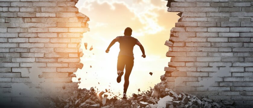 A silhouette of a person running through a broken wall, symbolizing freedom, escape, and determination against a backdrop of light.