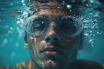 Fototapeta premium Male swimmer Under Water in Pool, Generative AI