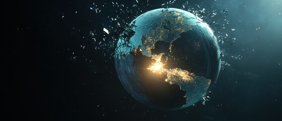 Obraz premium A surreal representation of Earth, illustrating a cosmic explosion with fragments dispersing in a dark, ethereal environment.