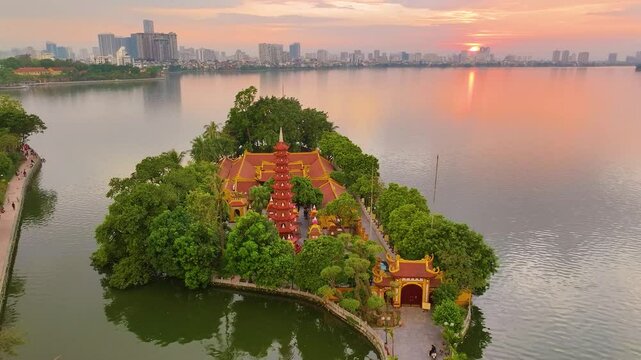 Aerial view of Tran Quoc pagoda, the oldest temple in Hanoi, Vietnam.