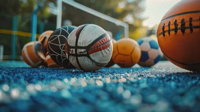 Various sports balls on a blue court under sunlight, vibrant and dynamic atmosphere.