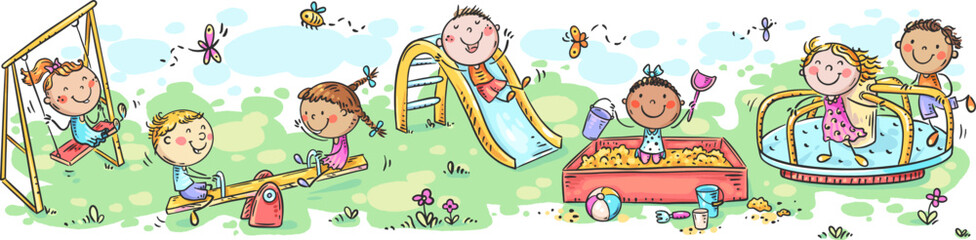 Happy cartoon little kids on playground, children playing outdoor on slide, swing and merry-go-round, summer season. Vector illustration