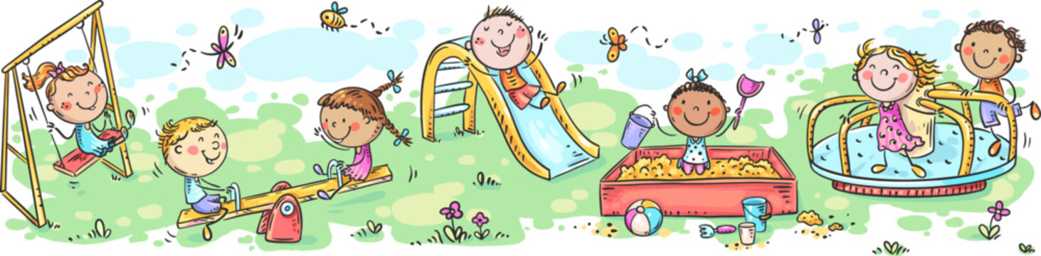 Happy cartoon little kids on playground, children playing outdoor on slide, swing and merry-go-round, summer season. Vector illustration