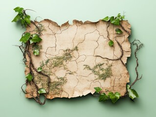 A textured, weathered parchment with vines and leaves, set against a soft green background, evoking a natural, rustic feel.
