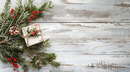 Festive New Year background featuring gift boxes and decorations on a red table in a flat lay style, complemented by winter holiday elements like pine branches and snowflakes 2026 - 2027.