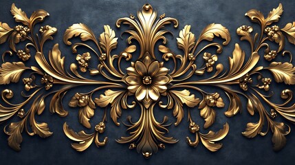 Elegant Baroque ornamentation swirling golden floral patterns and intricate leaf filigree arranged in a luxurious 3D design set against a minimalist background for a vintage look