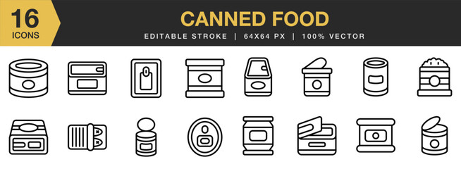 Canned Food icon set. Editable Stroke Icon Collection. Includes canned food line icons, and More. Outline icons vector collection.