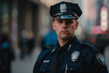 Obraz premium Portrait of a young policeman wearing a uniform and a badge, standing in the city