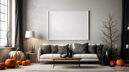 Modern minimalist wall art mockup of scandinavian living room for Halloween, blank frame for wall art mockup of sofa living room, Halloween and Christmas spooky scary vibes of the room interior design