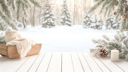 Winter scene with cozy accessories and snowy trees