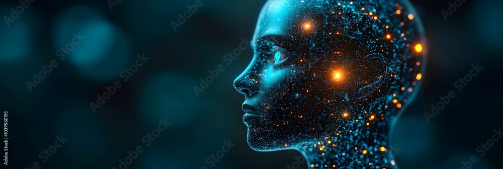 Poster glowing digital cyborg face with neural network connections against a cosmic nebula background,futur