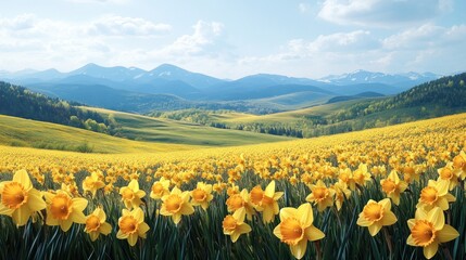 Fototapeta premium A vibrant field of yellow daffodils against a mountain backdrop.
