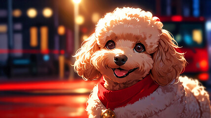 サンタクロースの服を着たアニメ調のプードル