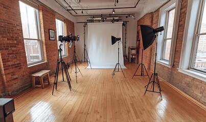 A photography studio with white backdrop and lighting equipment in a brick loft setting.