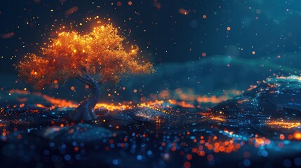 A Glowing Tree in a Digital Landscape