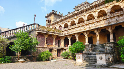 View of the beautifully carved Naulakha Palace, Gondal, Rajkot, Gujarat, India.