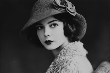 Retro vintage image portrait of a young caucasian woman in 1920s wearing an elegant dress and a hat