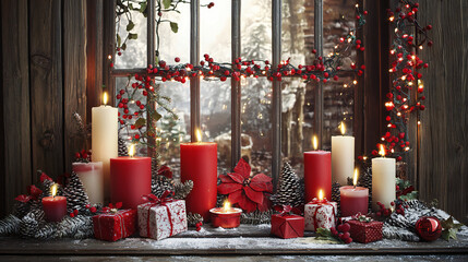 A row of candles on a mantle, with some of them lit. The candles are in various sizes and colors, including red, yellow, and white. The scene has a warm and cozy atmosphere