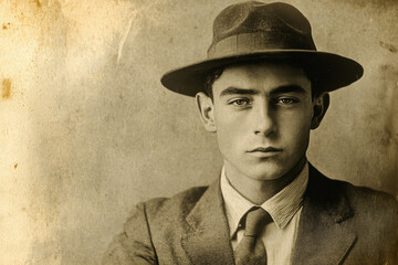 Retro vintage image of a caucasian man in 1920s wearing a costume and a hat