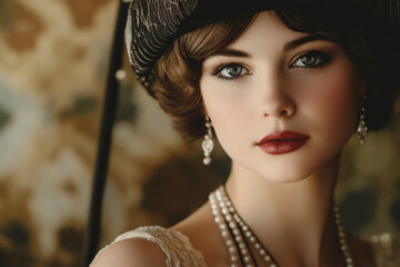 Portrait of a young caucasian woman dressed like in 1920s roaring twenties wearing an elegant dress and a hat