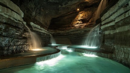 Naklejka premium Mysterious Underground Cavern with Cascading Water