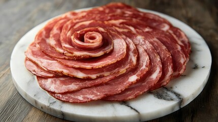 Deliciously arranged cured meat slices on a marble board, perfect for a charcuterie display.