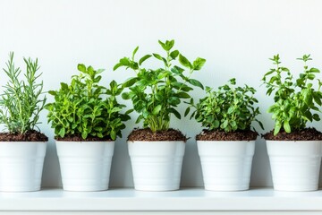 Fototapeta premium Variety of aromatic herbs and plants growing in white pots on a clean indoor shelf featuring rosemary basil and parsley creating a fresh and minimalist kitchen decor look