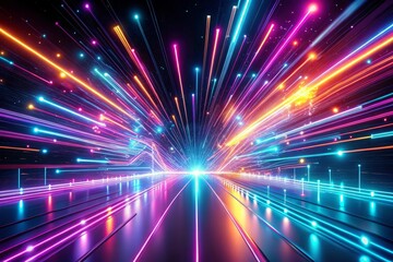 Fototapeta premium Neon futuristic flashes on black background. Motion light lines backdrop. For banner, postcard, illustration. Created with generative AI tools