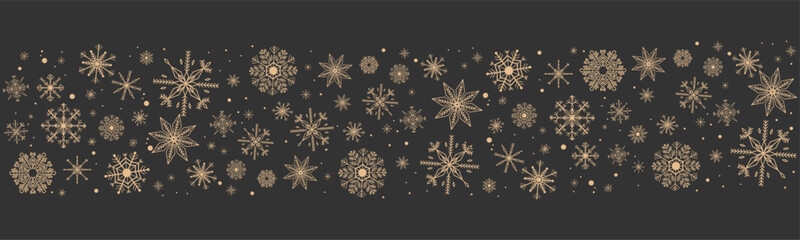 Gold snowflake border, winter holiday garland, falling golden snow and stars decoration isolated on dark background. Template with a Christmas elements