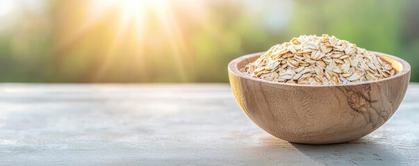 Bowl of oats on a table with natural sunlight in the background.