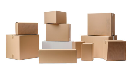 Various cardboard boxes for shipping, isolated, white background, mockup, 