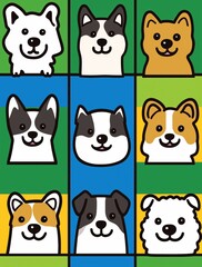 Fototapeta premium Cute cartoon dogs looking up smiling on colorful background