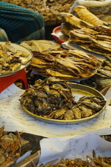 Mixed dried fish are displayed and sold at a fish market, Different types of dried fish are sold by a street vendor, All types of dried salted fish in the Asian biggest seafood market