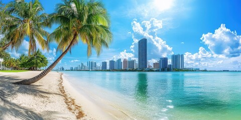 Naklejka premium Downtown Miami Skyline Panoramic View. Florida USA Cityscape with Biscayne Bay and Blue Sky