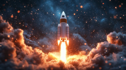 A rocket soaring high above the earths atmosphere through fluffy clouds. Concept Space Exploration.