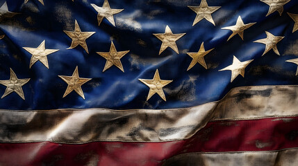 A close-up shot captures the intricate details of the stars and stripes on a worn American flag, symbolizing resilience and endurance.