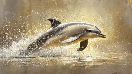 Obraz premium A dolphin arches through the air, leaping from golden waters with vibrant splashes, capturing the magic of the setting sun on the horizon.