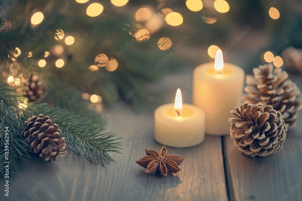 Poster two small white candles emit a gentle glow surrounded by pine cones and twinkling lights, creating a