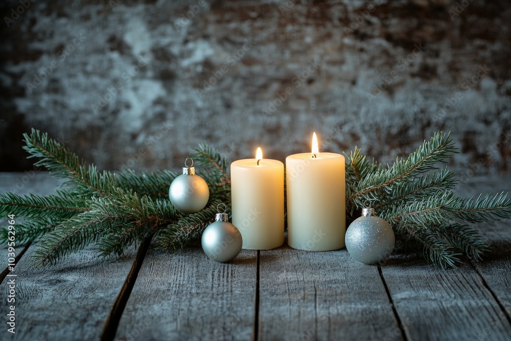 Poster two large candles surrounded by pine branches and silver ornaments, creating a serene and festive at