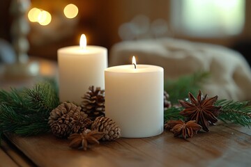 A serene scene with two white candles, surrounded by star anise and pine cones on a wooden surface, offering understated elegance and warmth.