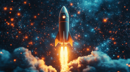 A rocket soaring high above the earths atmosphere through fluffy clouds. Concept Space Exploration.