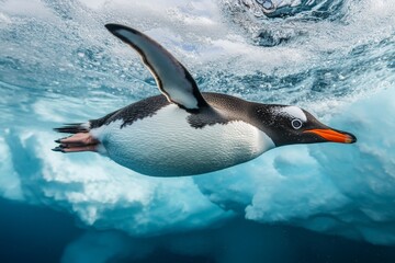 Fototapeta premium A penguin effortlessly navigates the icy underwater realm, showcasing its grace and agility, surrounded by the mesmerizing beauty and chill of the frozen habitat.
