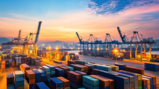 A busy harbor at twilight with towering cranes and vibrant shipping containers, photography style, photo of