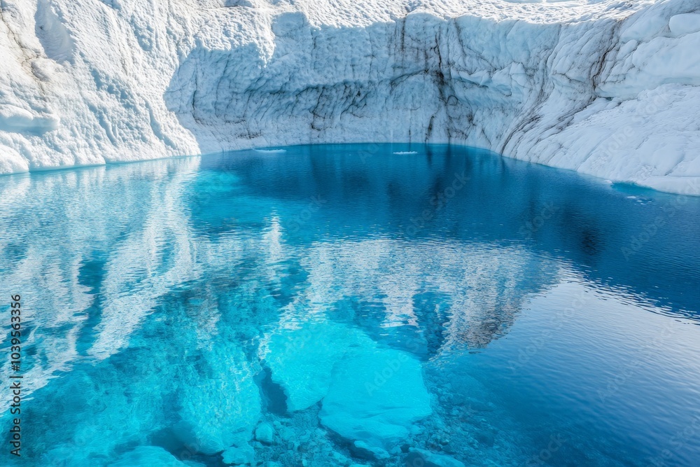 Poster a mesmerizing glacial pool with vivid blue waters surrounded by detailed ice formations, creating a 