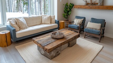A small house living area showing a blend of reclaimed wood furniture, stone accents, and various organic textures, emphasizing a cozy atmosphere.