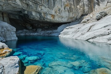 Naklejka premium An enchanting cave with a pool of vibrant blue water, surrounded by rugged rocks, offering a sense of mystery and seclusion, inviting exploration and wonder.